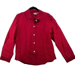 Chicos Red Button-Up Textured Shirt Womens Size 1 Linen/Cotton/Silk Blend